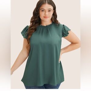 Bloomchic Plain Mock Neck Cap Sleeve Ruffle Trim Mint Blouse